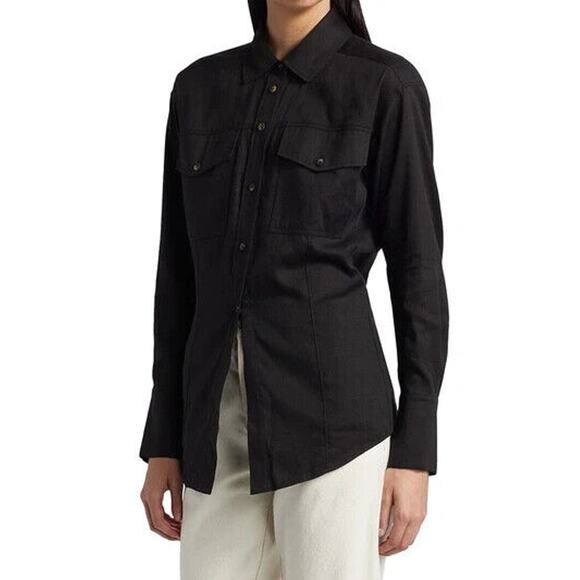FRAME Arie Linen Blend Button Down Shirt Black Noir Long Sleeve Cutaway L - Picture 9 of 10